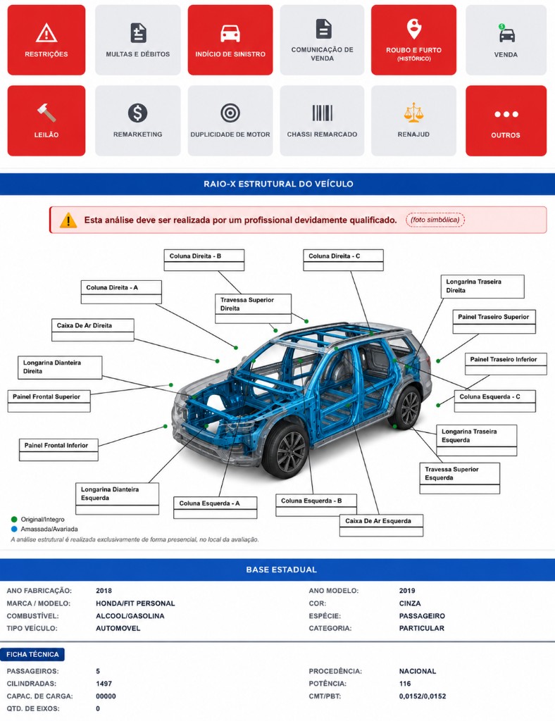 Raio-X estrutural do veículo com base estadual e ficha técnica