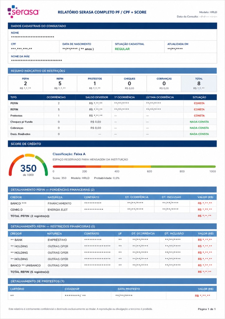 Relatório Serasa Completo com score de crédito, PEFIN, REFIN, protestos e cheques